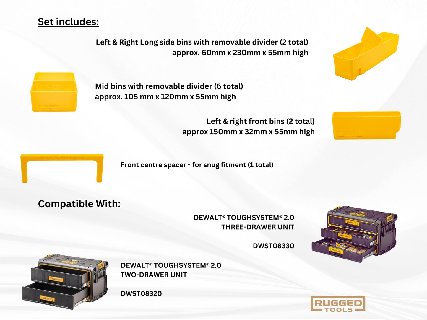 Storage Bins For Dewalt Tough System 2.0 | Fits 2 and 3 Drawer | Rugged Tools