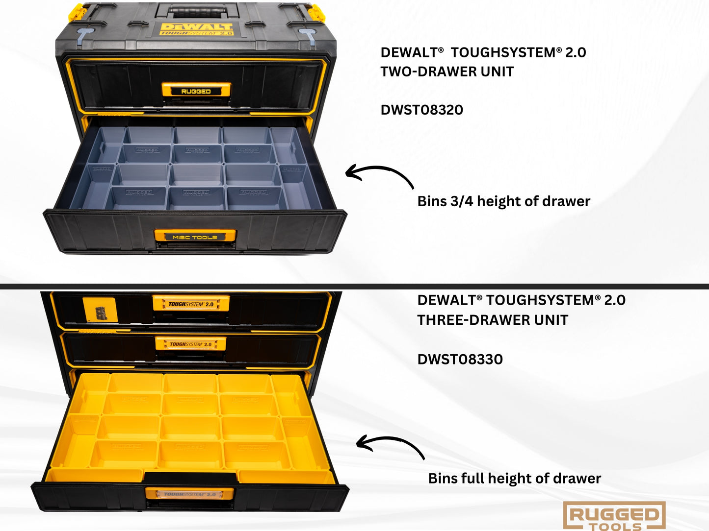 Rugged tools Storage bins for Dewalt Toughsystem 2.0 2 & 3 Drawer toolboxes