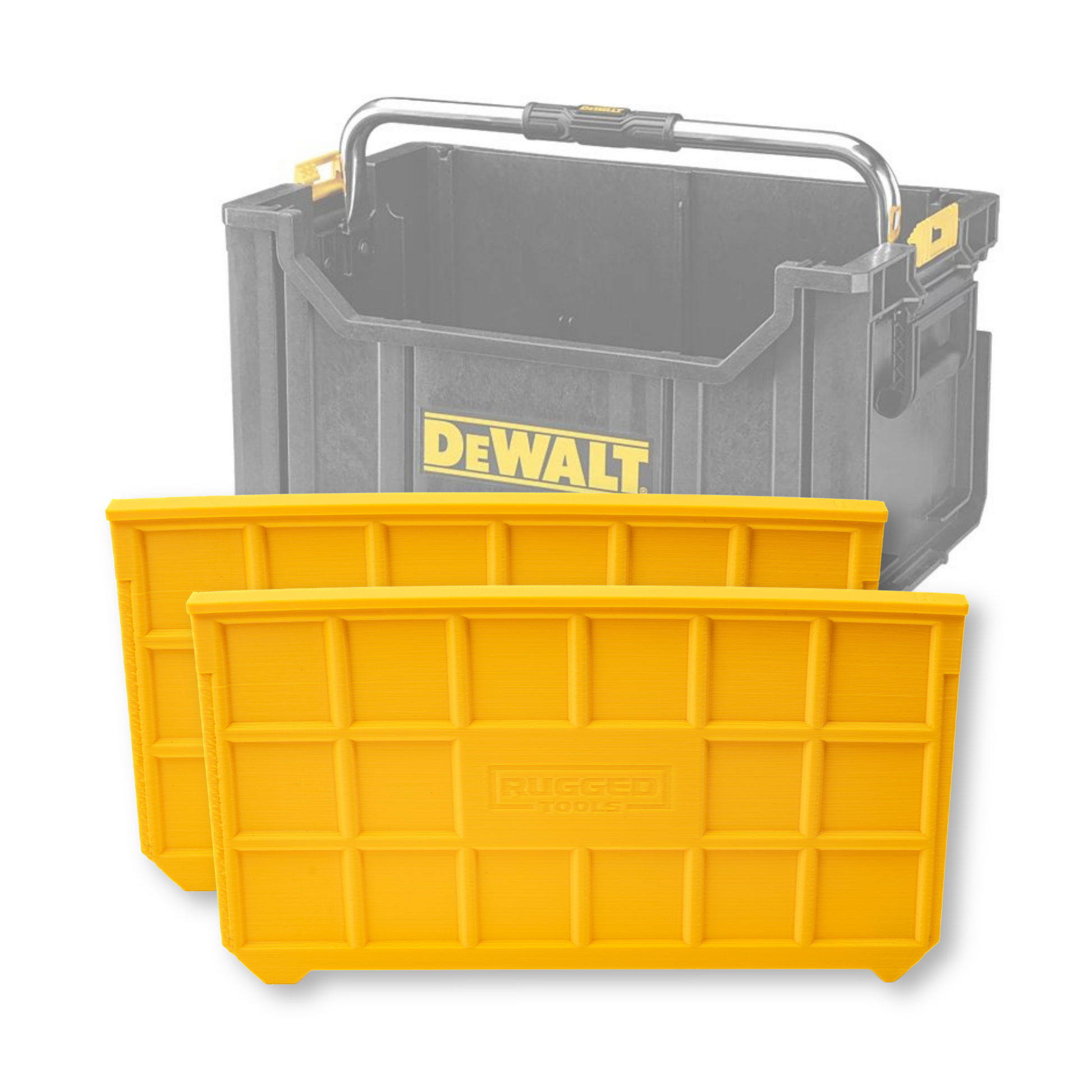 Yellow Rugged Tools tote dividers shown beside a DeWalt ToughSystem DS280 carry tote