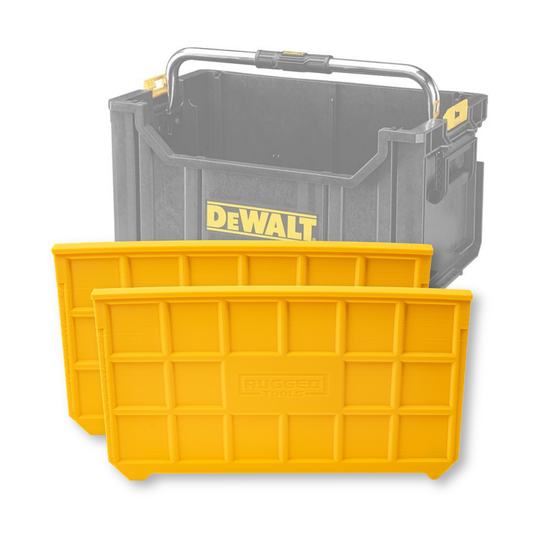 Yellow Rugged Tools tote dividers shown beside a DeWalt ToughSystem DS280 carry tote