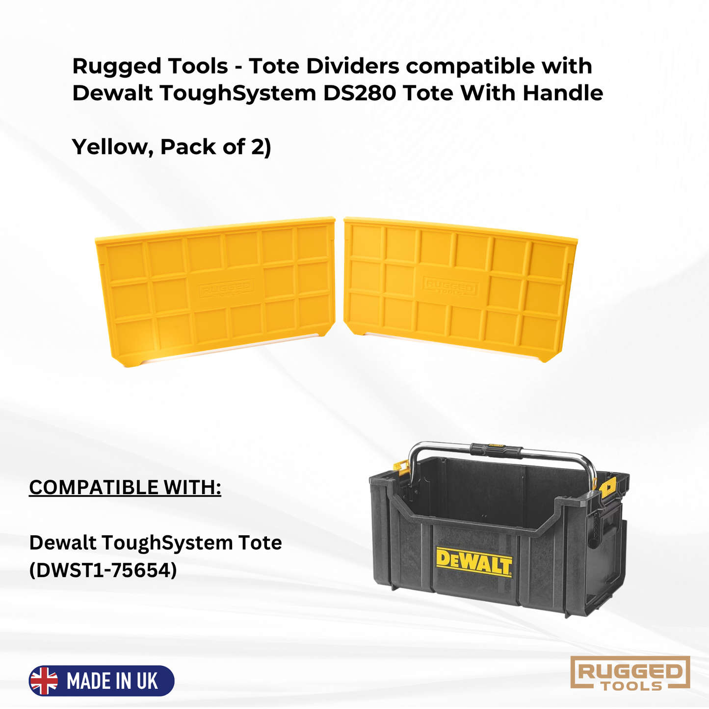 Pair of yellow Rugged Tools tote dividers compatible with DeWalt DWST1-75654 ToughSystem DS280 Tote