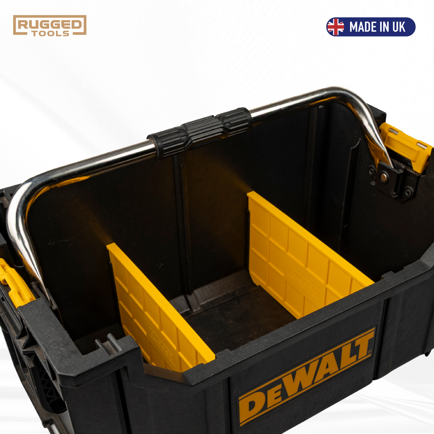 Yellow Rugged Tools tote dividers installed in a DeWalt ToughSystem DS280 Tote organising the contents
