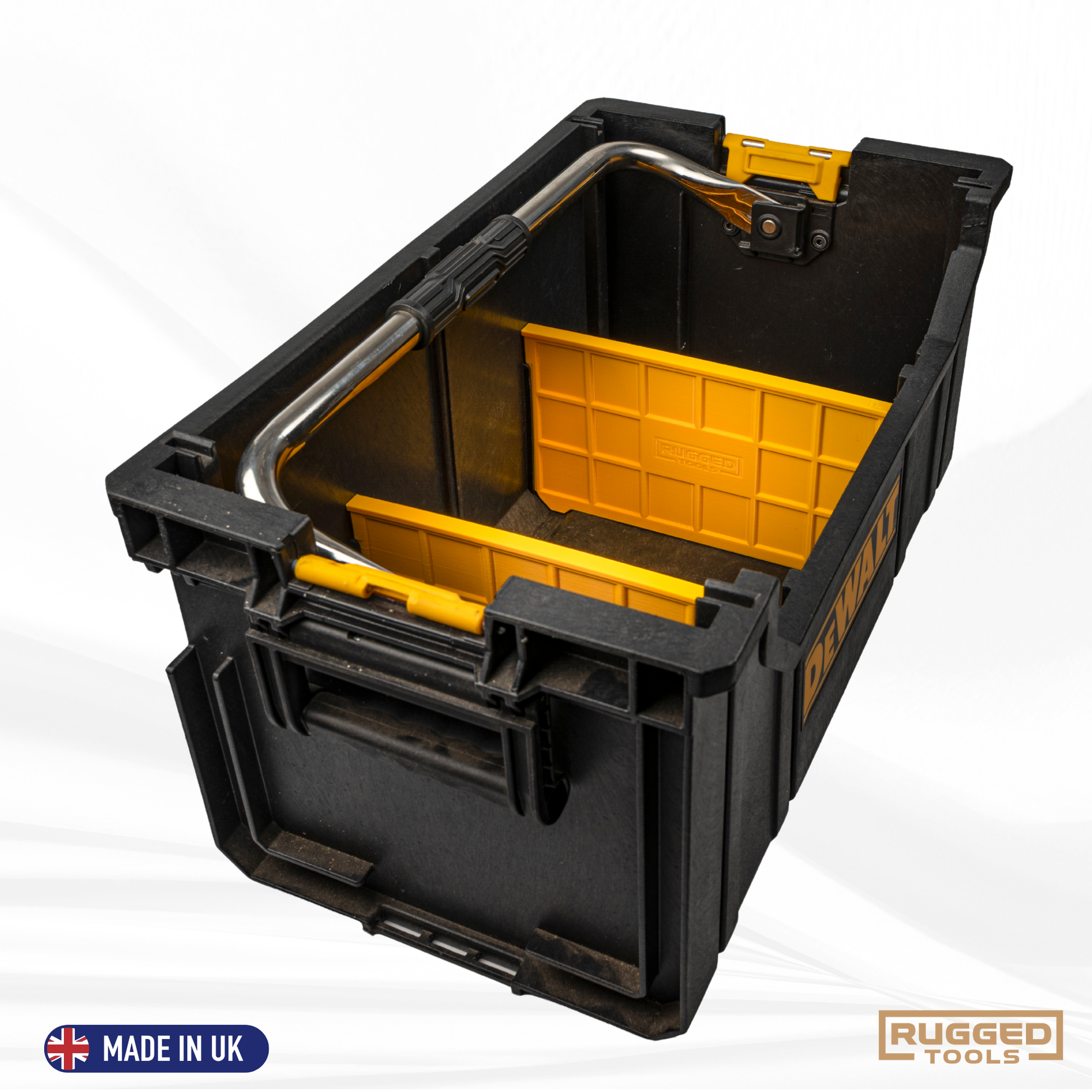 Close-up of yellow Rugged Tools tote divider showing the heavy-duty PETG construction