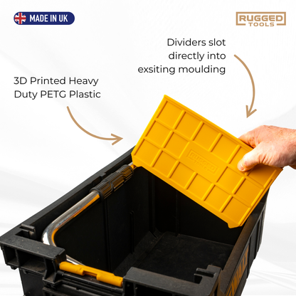 DeWalt ToughSystem DS280 Tote with Rugged Tools yellow dividers separating tools into sections