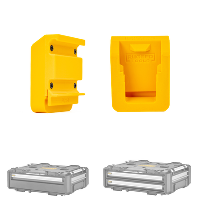 Two yellow Rugged Tools R-Clip battery holders shown next to DeWalt ToughSystem 2.0 DXL drawer units