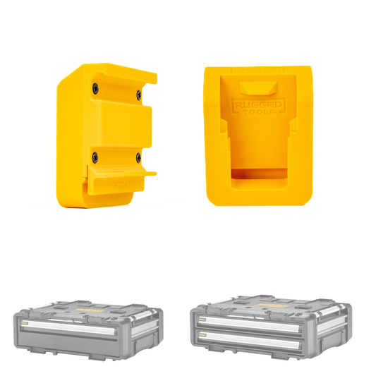 Two yellow Rugged Tools R-Clip battery holders shown next to DeWalt ToughSystem 2.0 DXL drawer units