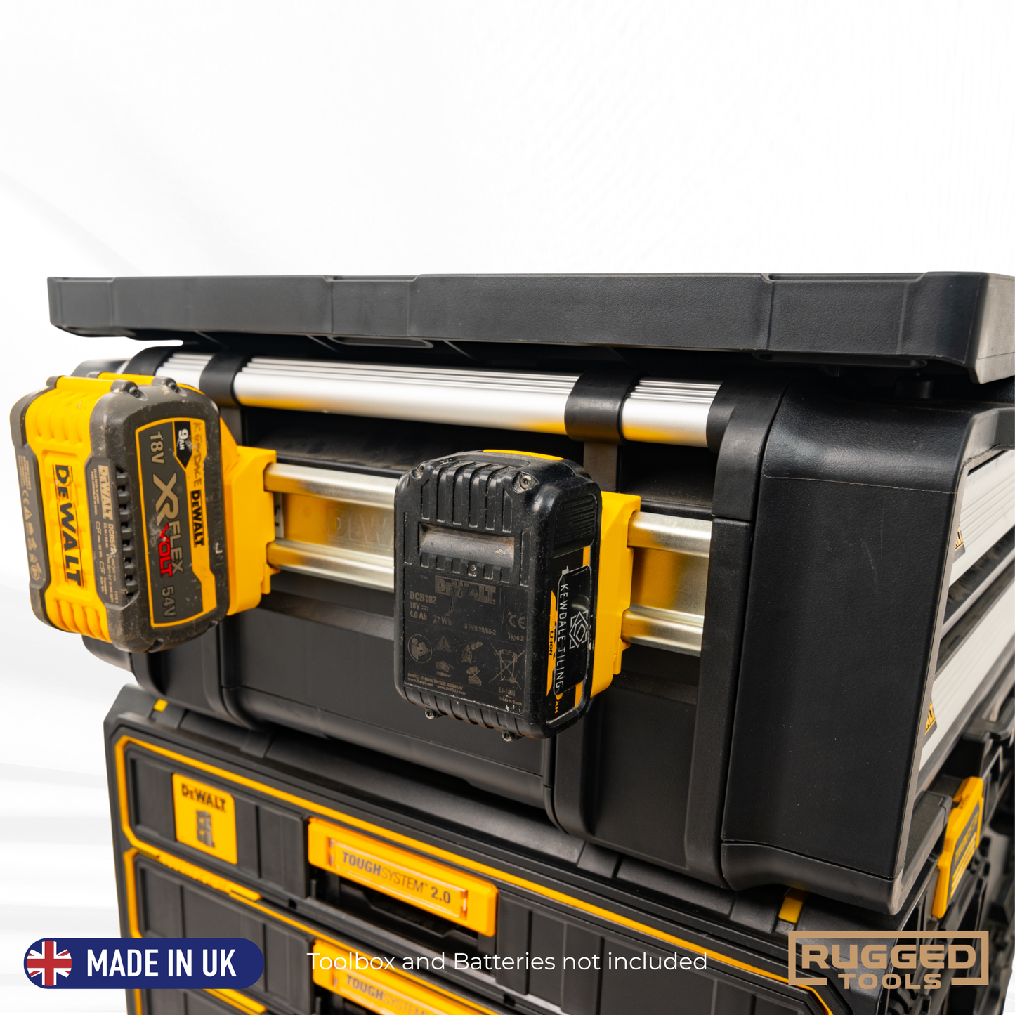 Side-rail mounting detail of Rugged Tools R-Clip on DeWalt TOUGHSYSTEM 2.0 DXL
