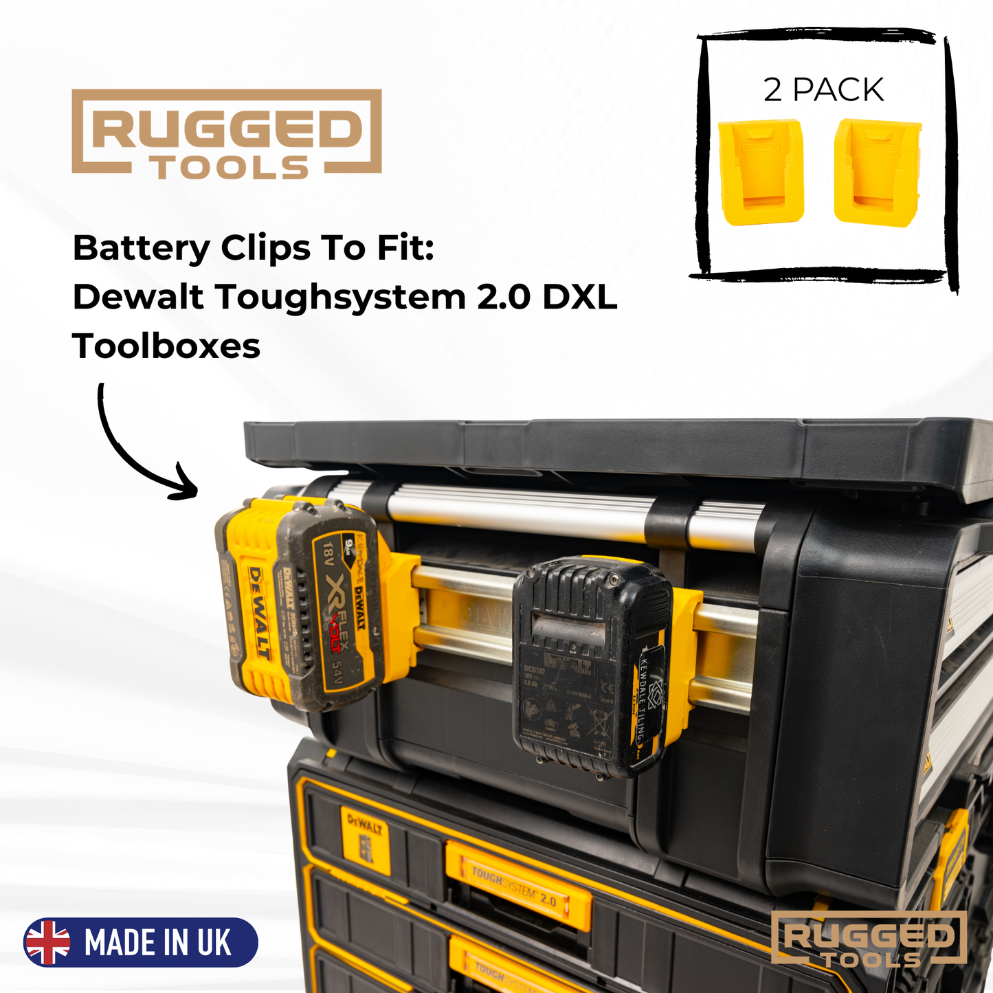 Yellow Rugged Tools battery clip holding a DeWalt XR battery on the side rail of a TOUGHSYSTEM 2.0 DXL drawer