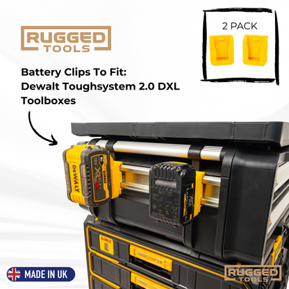 Yellow Rugged Tools battery clip holding a DeWalt XR battery on the side rail of a TOUGHSYSTEM 2.0 DXL drawer