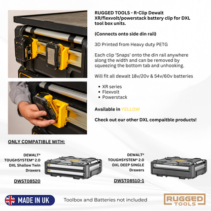 Rugged Tools R-Clip spec sheet showing compatibility with DeWalt DWST08520 and DWST08510-1 DXL drawer units