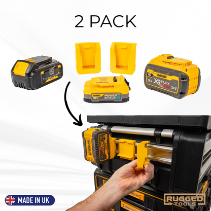 Yellow Rugged Tools battery clip mounted on the side rail of a DeWalt TOUGHSYSTEM 2.0 DXL drawer