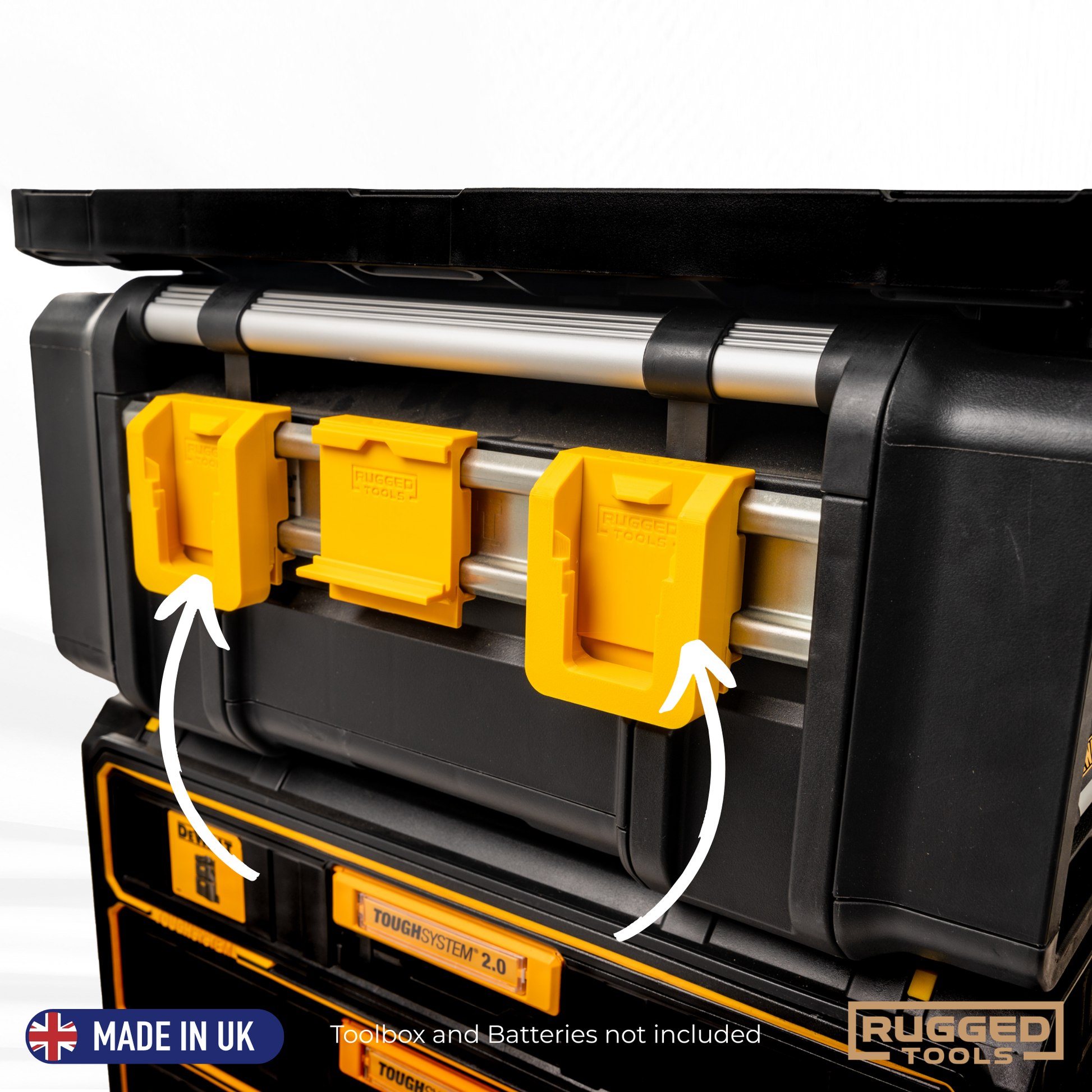 Side view of Rugged Tools battery clip with DeWalt FlexVolt battery installed