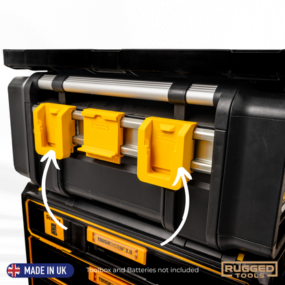 Side view of Rugged Tools battery clip with DeWalt FlexVolt battery installed