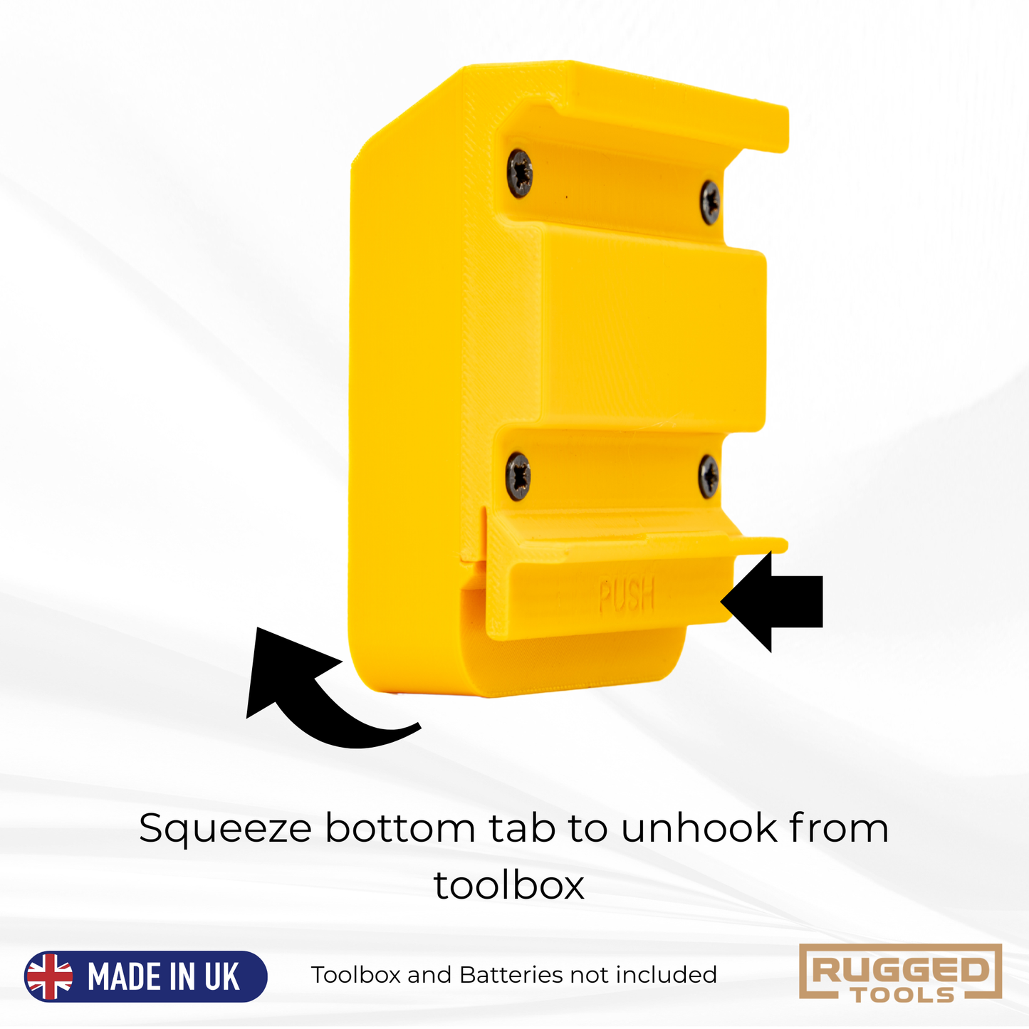 Squeeze-tab demonstration showing how to unhook the Rugged Tools R-Clip from the toolbox
