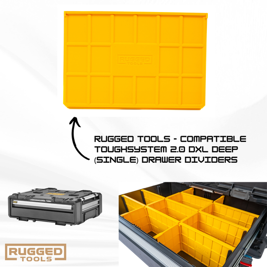 Yellow Rugged Tools slot-in dividers stacked beside a DeWalt ToughSystem 2.0 DXL Deep Drawer
