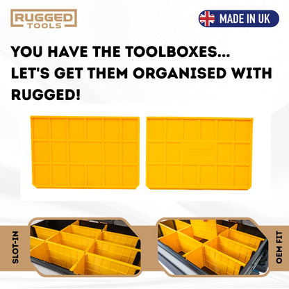 Side view of yellow Rugged Tools slot-in dividers in front of a DeWalt DXL Deep Drawer