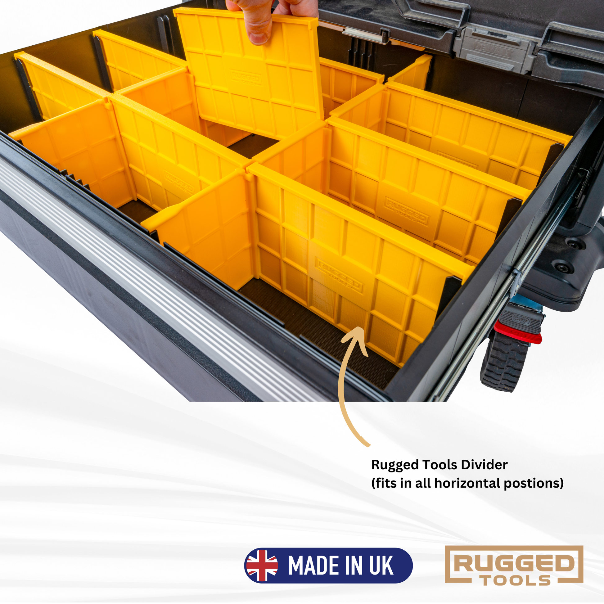 Close-up of a yellow Rugged Tools deep slot-in divider showing the precision-fit edge