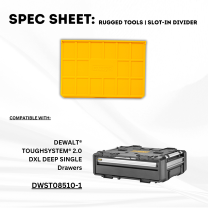 Spec sheet showing the Rugged Tools slot-in divider compatible with DeWalt DWST08510-1 DXL Deep Single Drawer