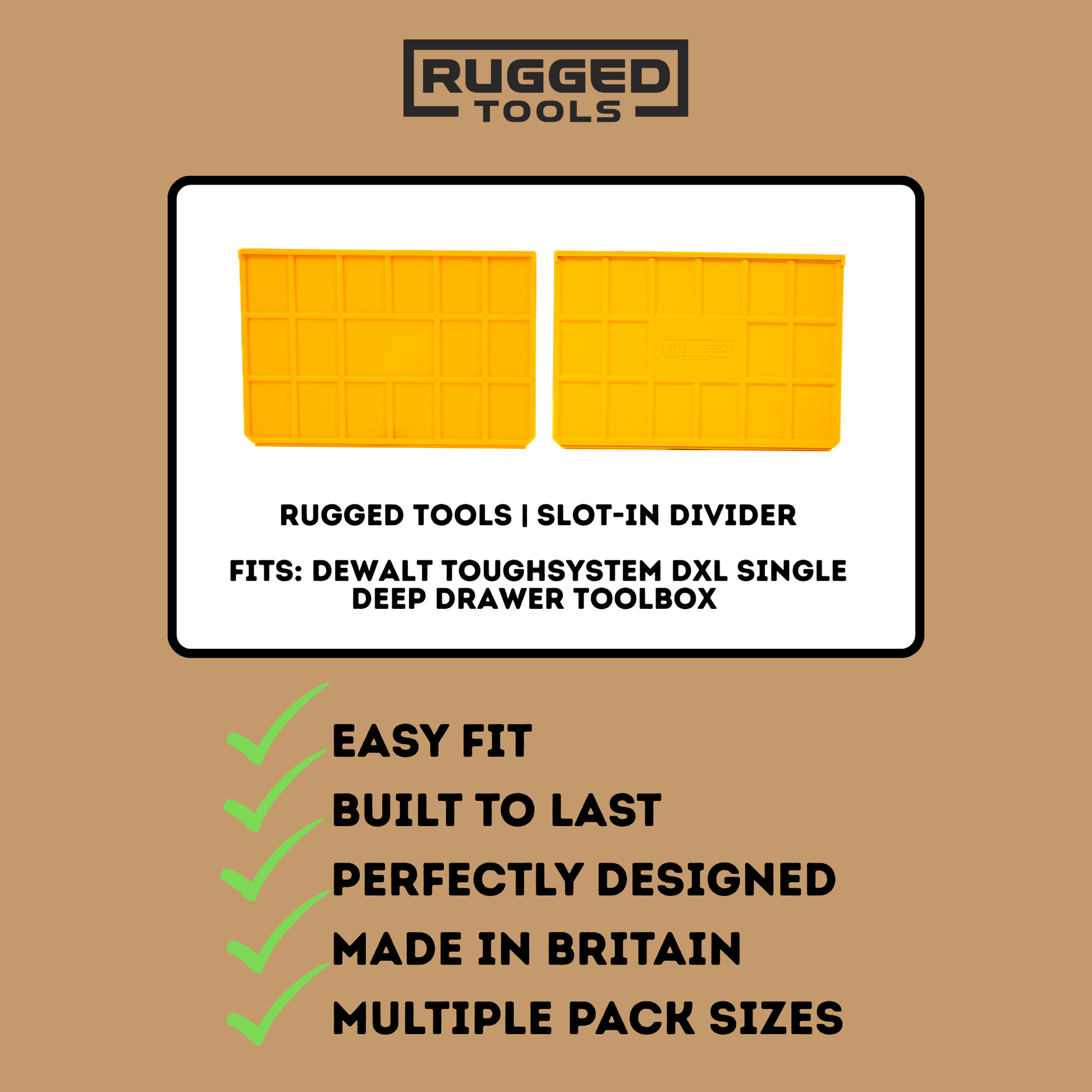 Rugged Tools slot-in divider product breakdown for the DeWalt DXL Deep Drawer toolbox