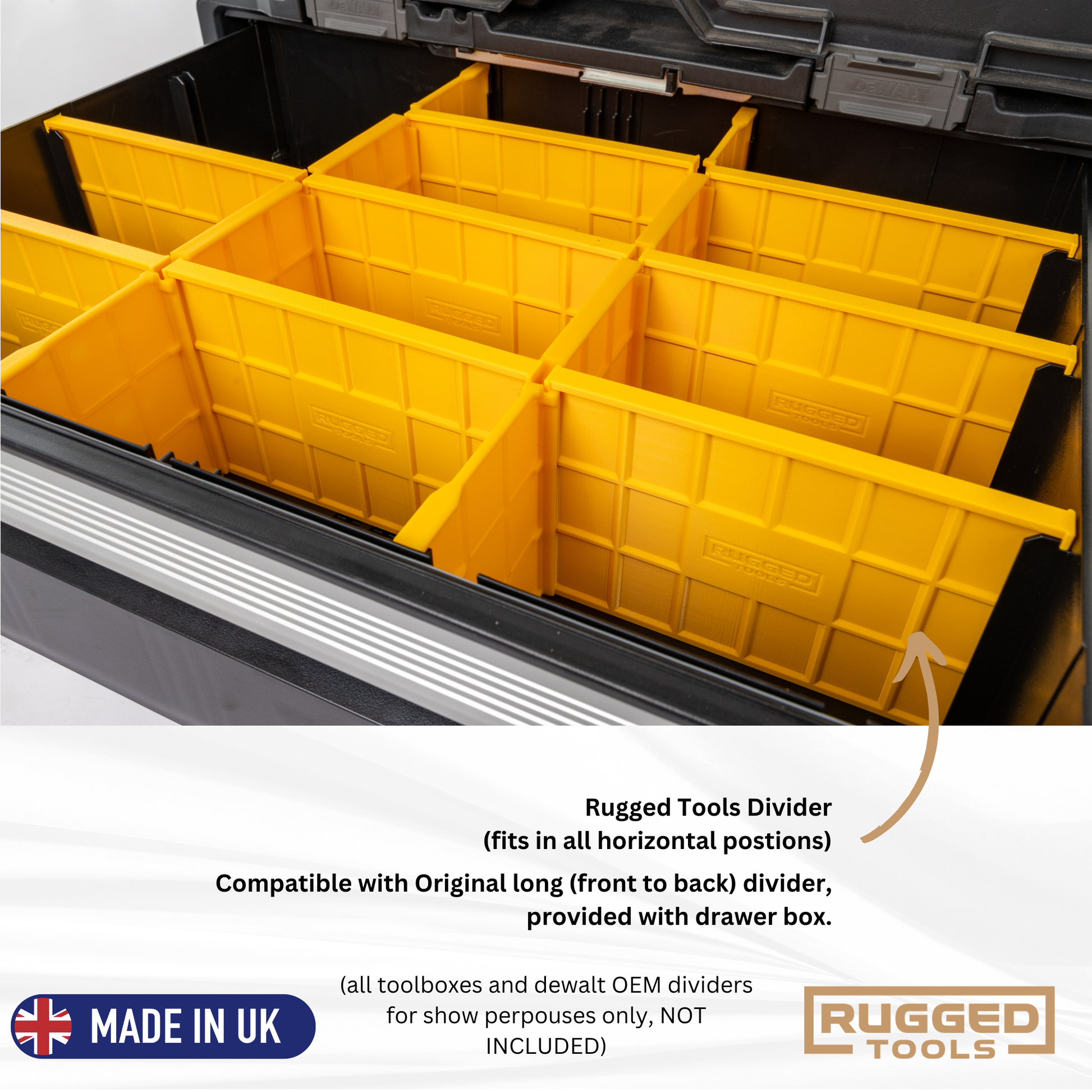 Open DeWalt DXL Deep Drawer with Rugged Tools dividers organising taller tools