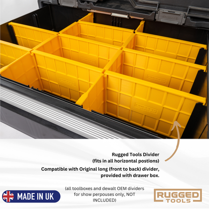 Open DeWalt DXL Deep Drawer with Rugged Tools dividers organising taller tools