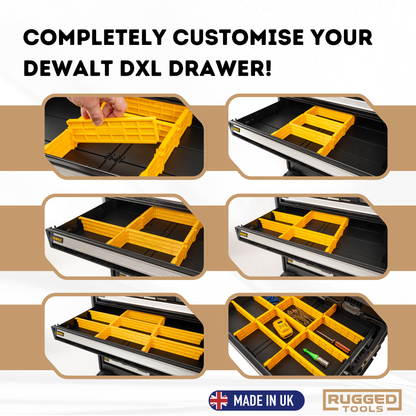 Multiple configuration examples of Rugged Tools deep dividers in the DXL Deep Drawer