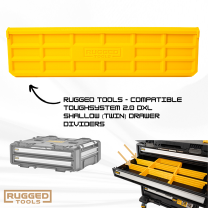 Multiple yellow Rugged Tools slot-in dividers stacked alongside a DeWalt DXL Shallow Twin Drawer toolbox