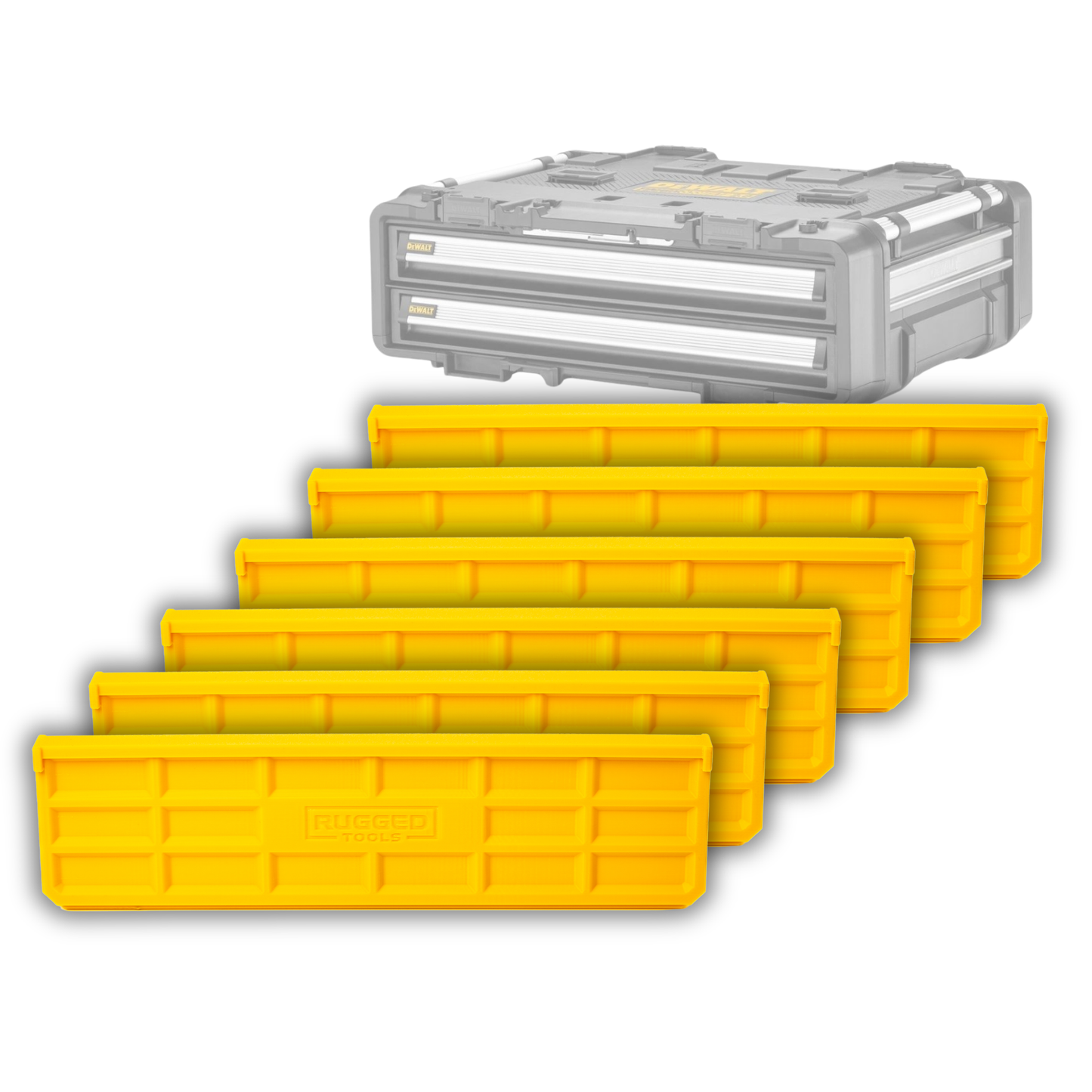 Six yellow Rugged Tools slot-in dividers for the DeWalt DXL Twin Drawer