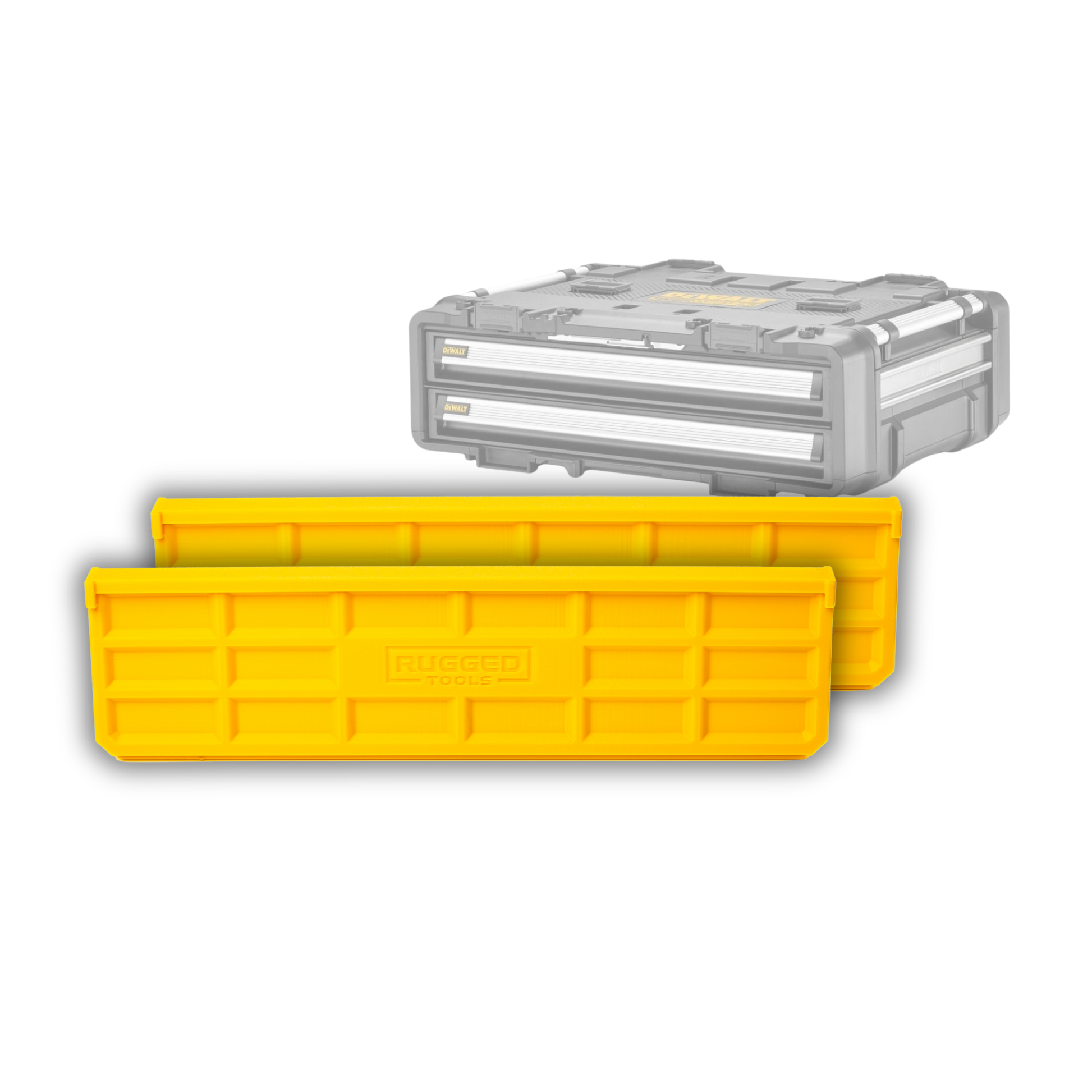 Yellow Rugged Tools slot-in dividers shown beside a closed DeWalt ToughSystem 2.0 DXL drawer unit