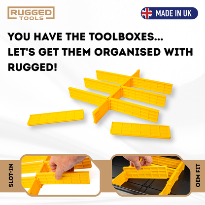 Close-up of a yellow Rugged Tools slot-in divider showing heavy-duty PETG construction