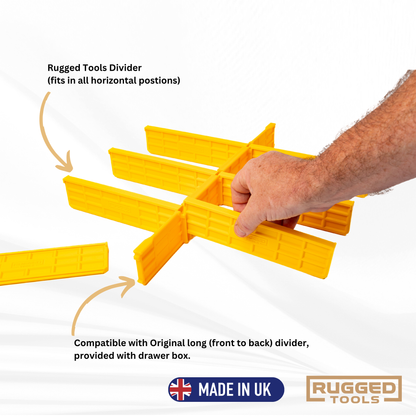 Hand fitting Rugged Tools dividers into the OEM slot positions of a DeWalt DXL Twin Drawer