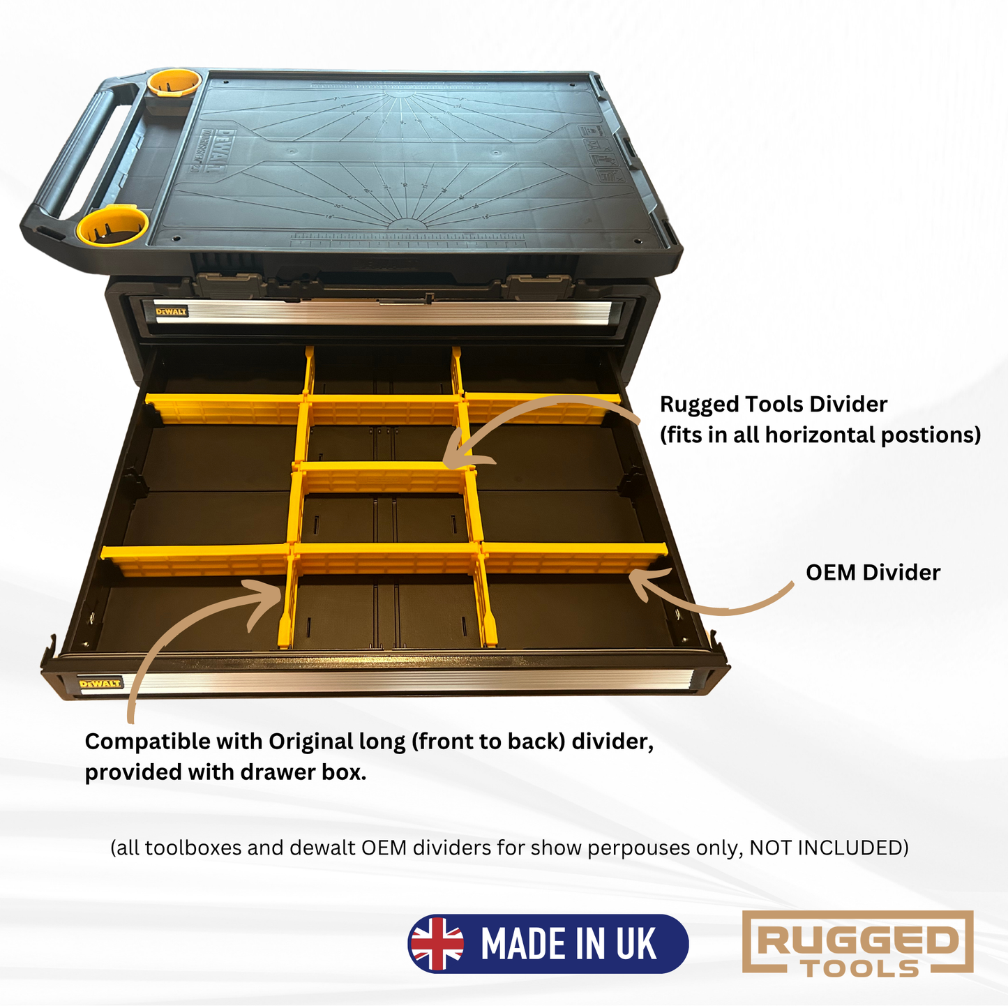 Open DeWalt DXL Twin Drawer with Rugged Tools dividers organising the contents