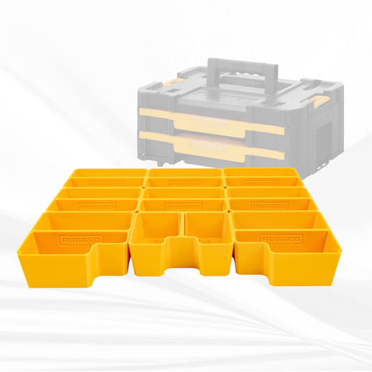 Yellow Rugged Tools storage bins fitted inside a DeWalt TSTAK double shallow drawer toolbox