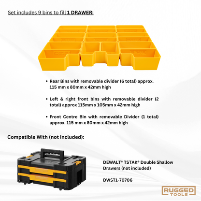 Rugged Tools TSTAK storage bins spec sheet showing the 9-bin set with dimensions for DeWalt DWST1-70706