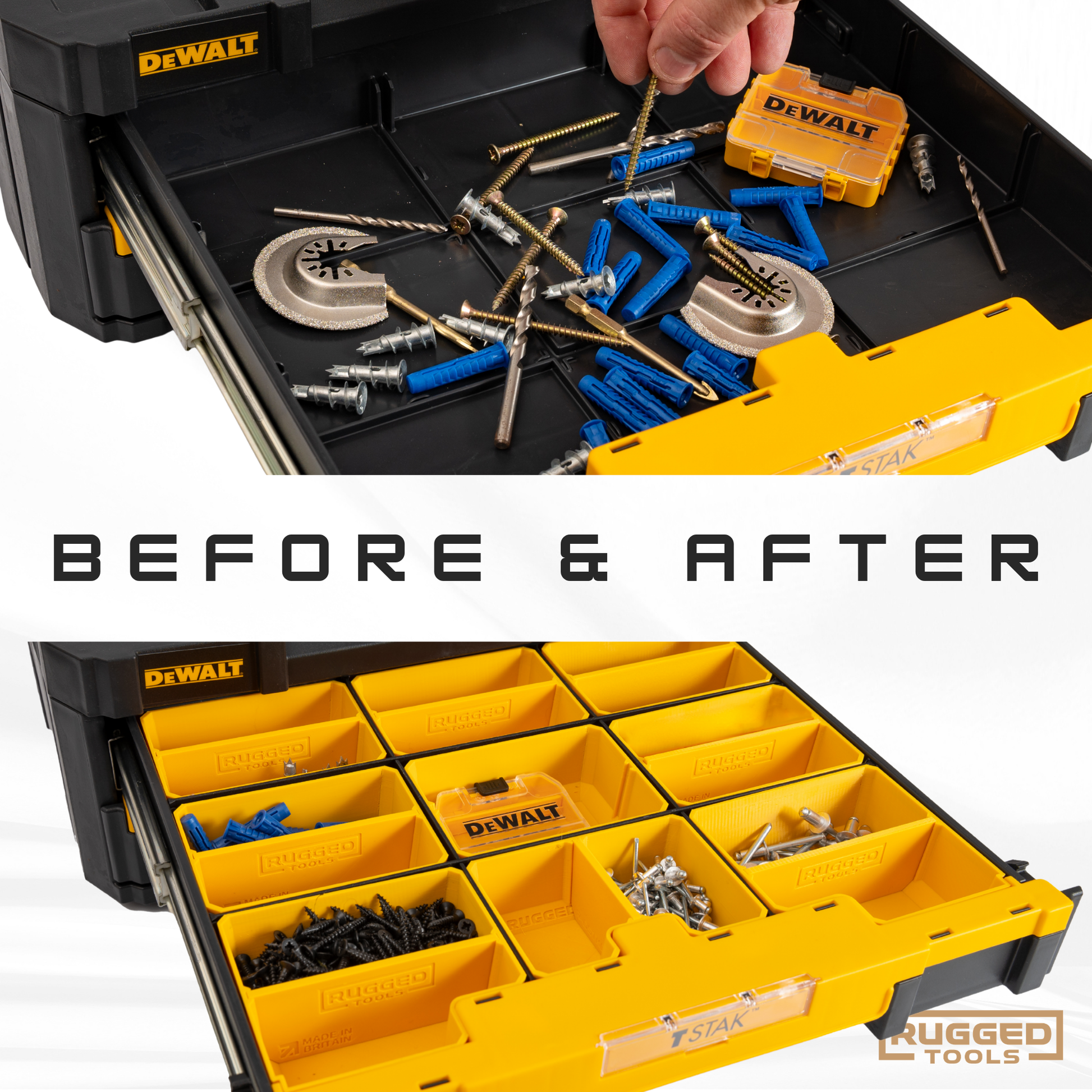 Before and after view of a DeWalt TSTAK Double Shallow Drawer organised with Rugged Tools yellow storage bins