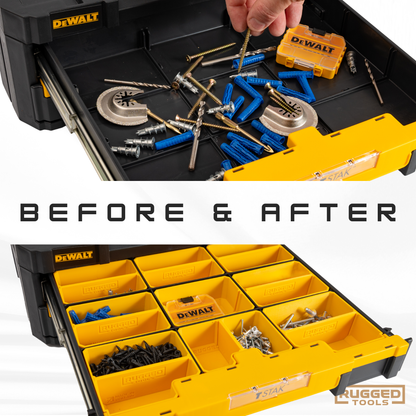 Before and after view of a DeWalt TSTAK Double Shallow Drawer organised with Rugged Tools yellow storage bins