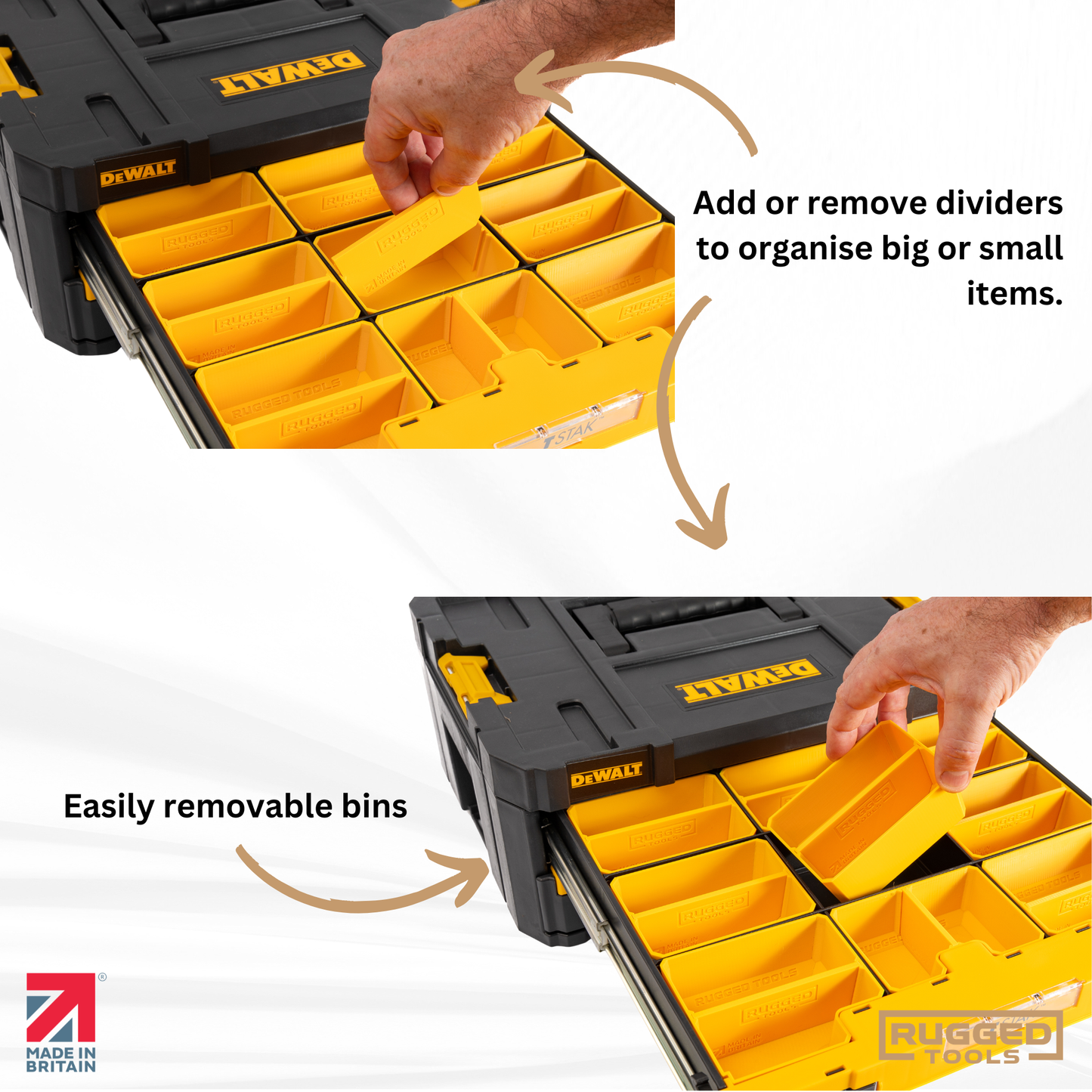 Removable dividers shown being added and taken out of Rugged Tools TSTAK bins