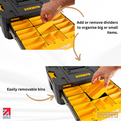 Removable dividers shown being added and taken out of Rugged Tools TSTAK bins