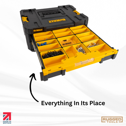 Full Rugged Tools 9-bin set installed in DeWalt TSTAK Double Shallow Drawer