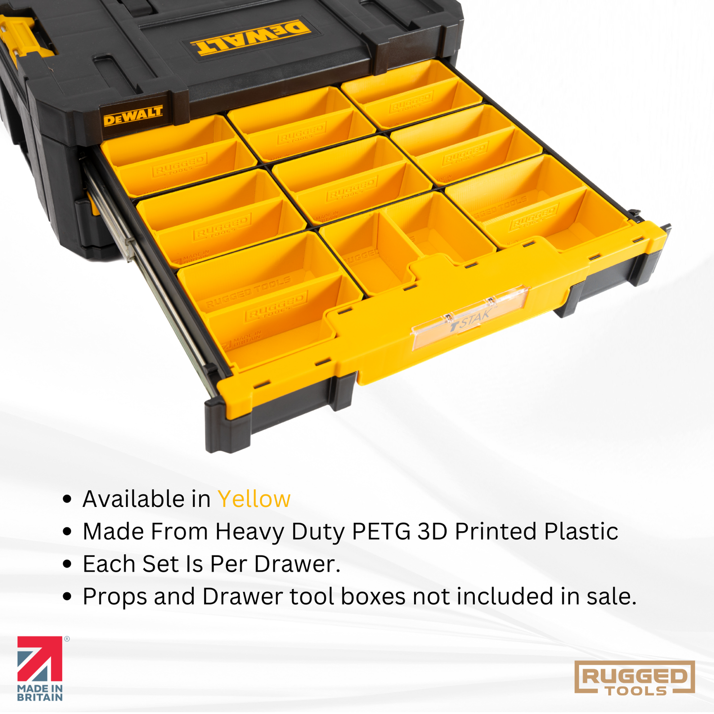 Rugged Tools TSTAK bins material specs (heavy-duty PETG, British-made, available in Yellow)